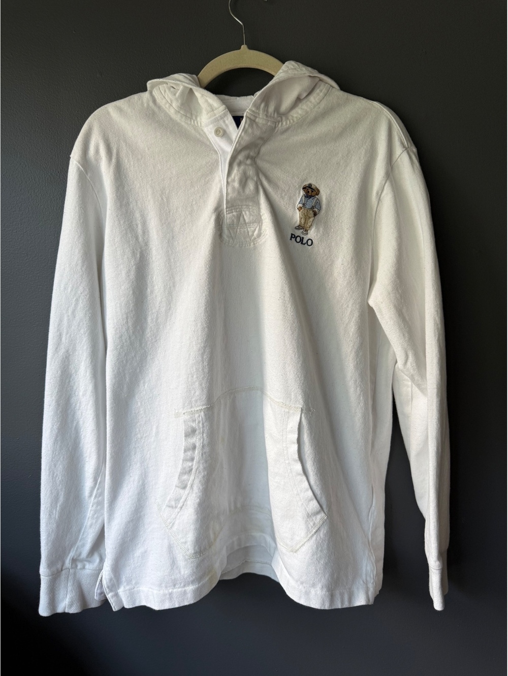 Polo Ralph Lauren White Hoodie with Embroidered Bear Logo, Size M